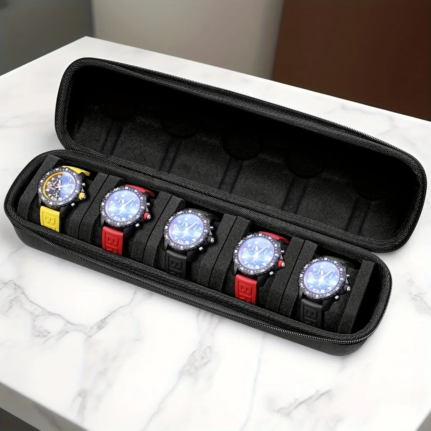 5-Slot Hard Shell Watch Case with Pillow Inserts for Travel and Storage 4
