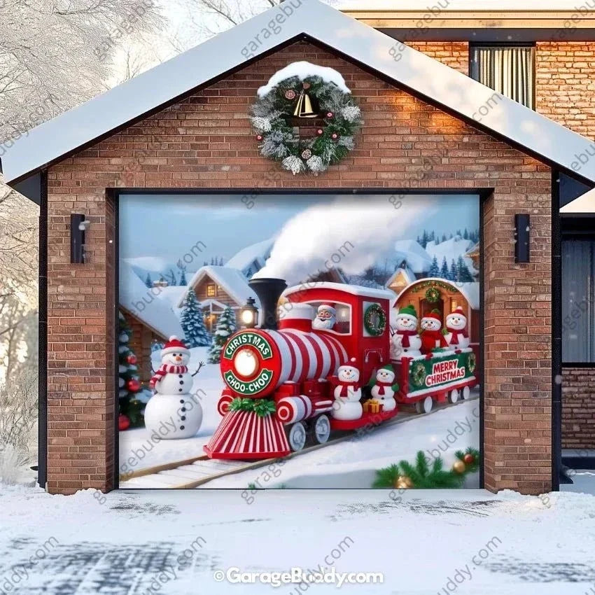 Christmas Choo-Choo Festive Garage Door Cover with Holiday Train Design 0