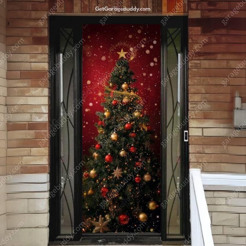 Christmas Door Cover - Stretch Fit Holiday Decoration with Tree Design 0