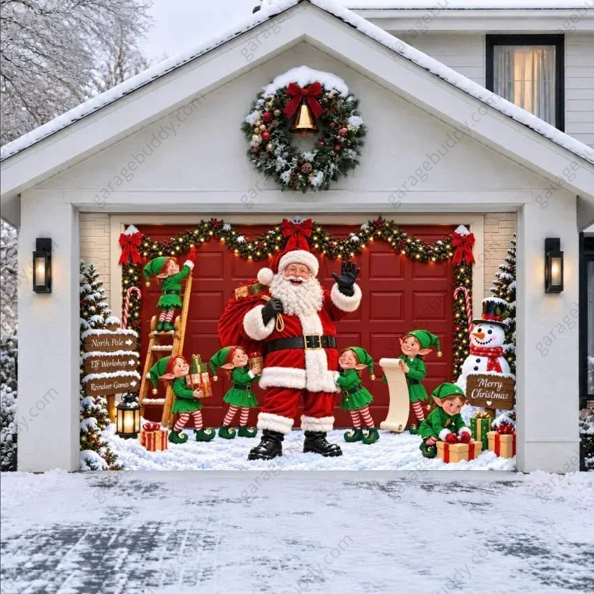 Christmas Garage Door Cover with Santa and Elf Crew, Holiday Scene Decor 10