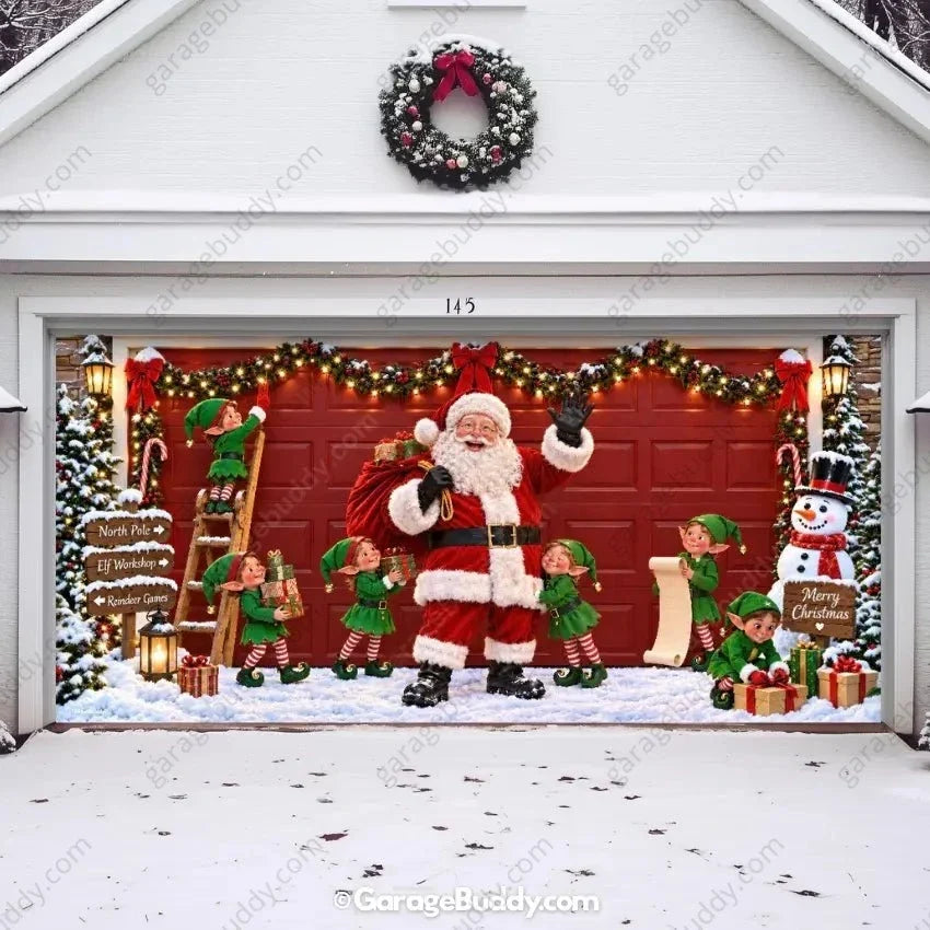 Christmas Garage Door Cover with Santa and Elf Crew, Holiday Scene Decor 12