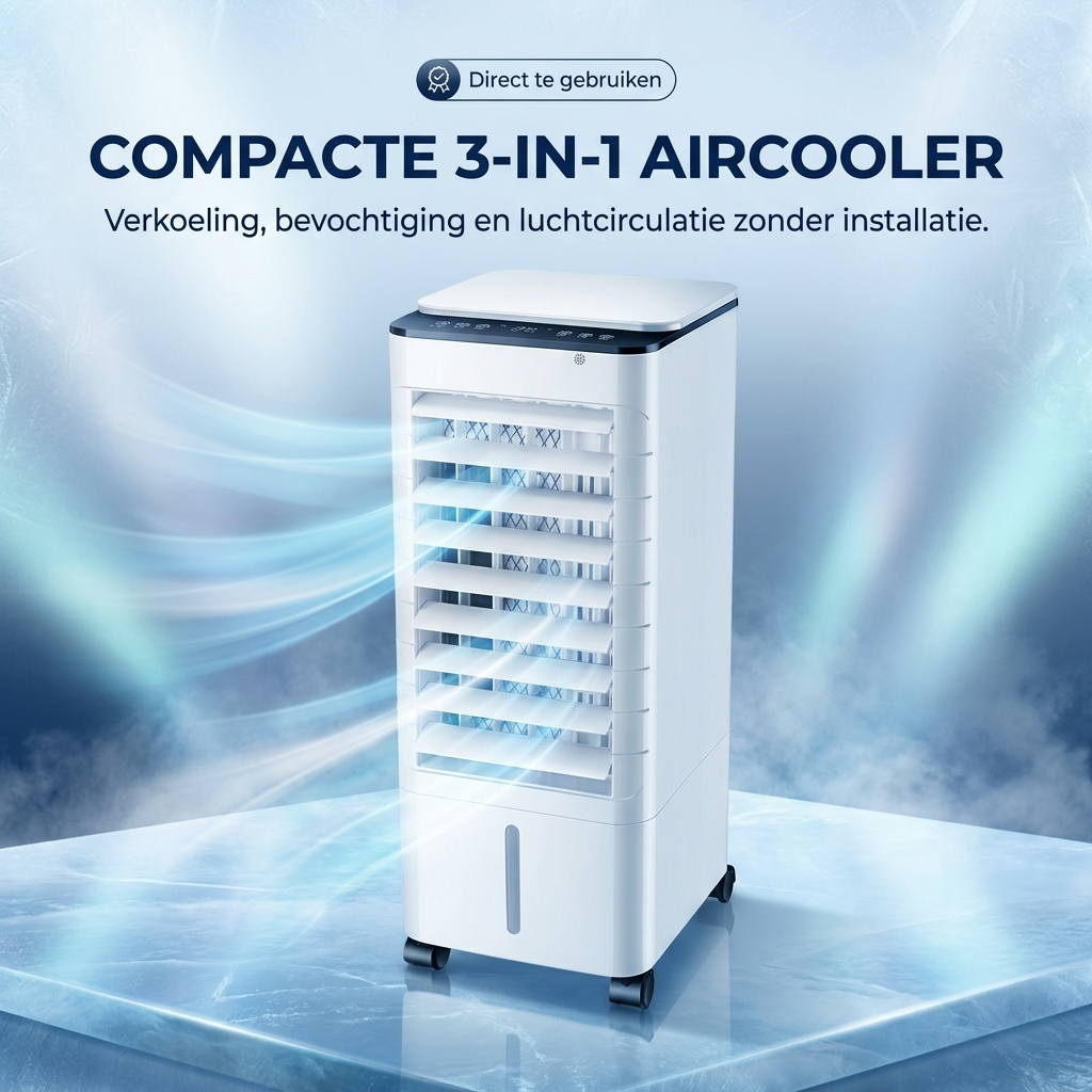 Compacte 3-In-1 Aircooler - Verkoeling, Bevochtiging en Koude Luchtcirculatie zonder installatie 0