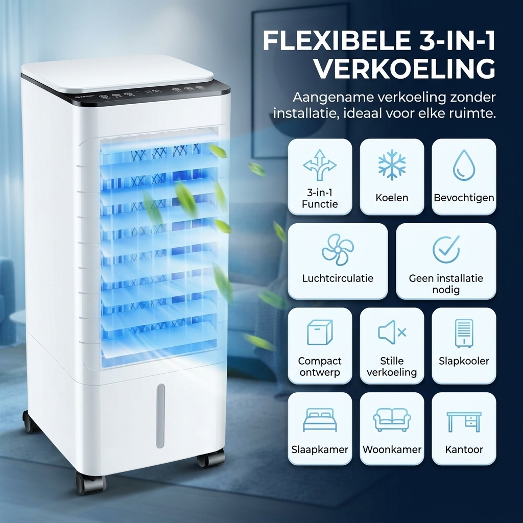 Compacte 3-In-1 Aircooler - Verkoeling, Bevochtiging en Koude Luchtcirculatie zonder installatie 3