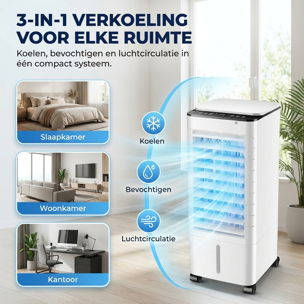 Compacte 3-In-1 Aircooler - Verkoeling, Bevochtiging en Koude Luchtcirculatie zonder installatie 4