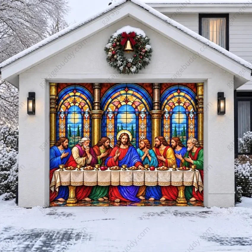 Last Supper Christmas Garage Door Cover – Stained Glass Design for Festive Decor 0