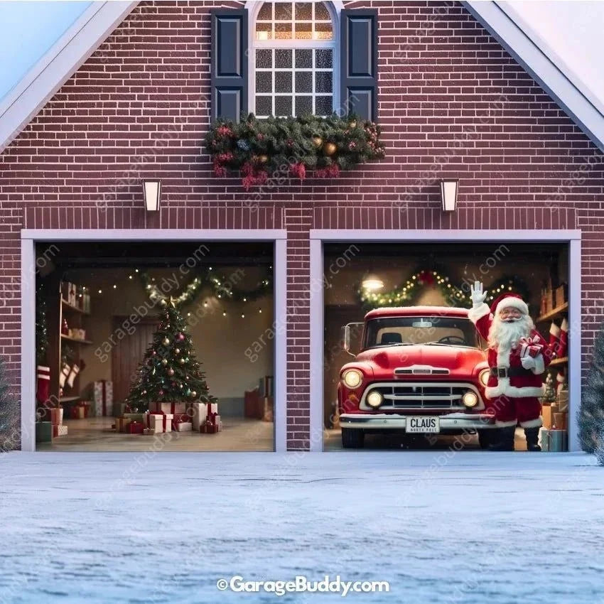 Santa's Garage Christmas Garage Door Cover with Red Truck Design, Holiday Decor 7