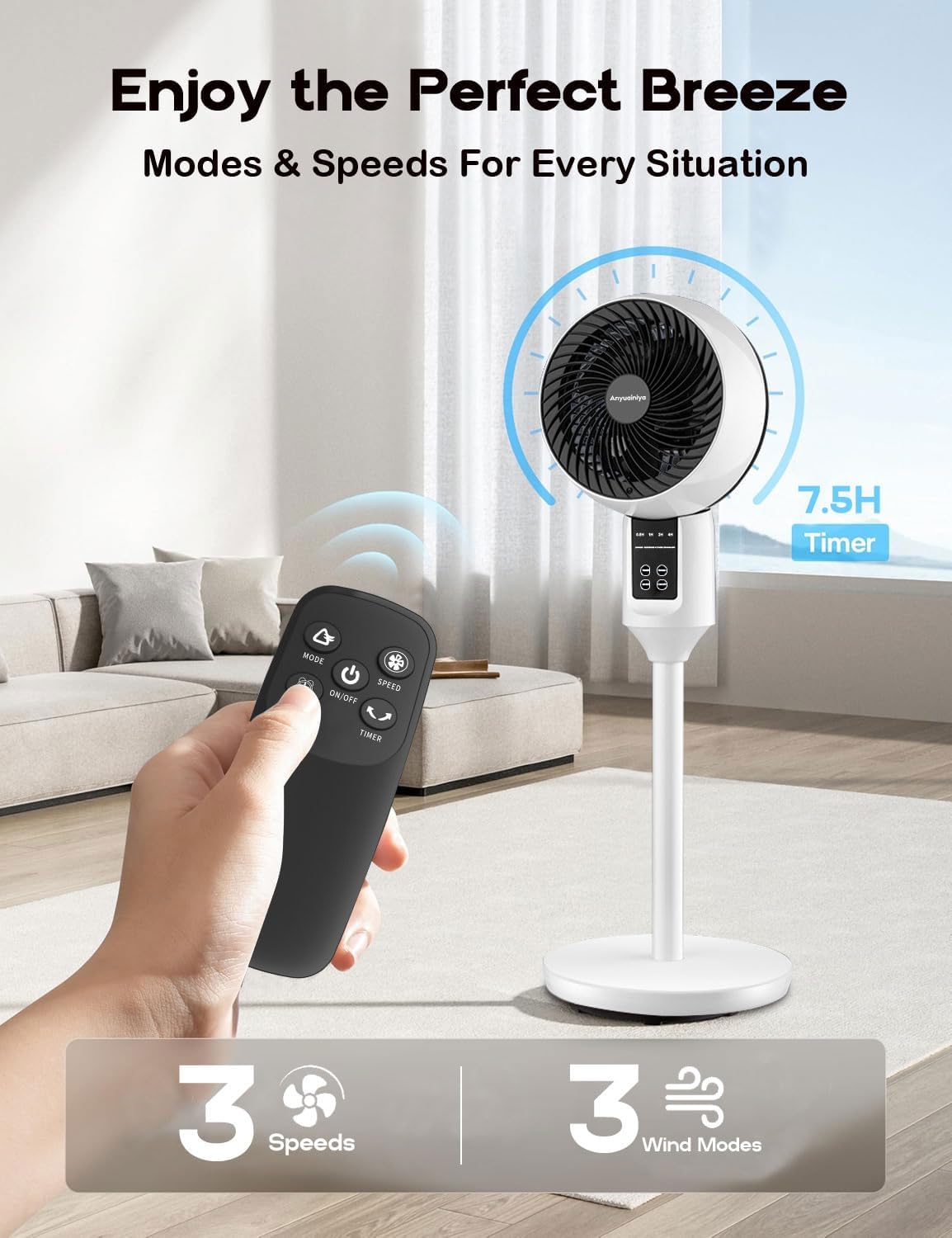 Staande Ventilator met 3D-Oscillatie, Stille Werking, Afstandsbediening en Hoogteverstelling 4