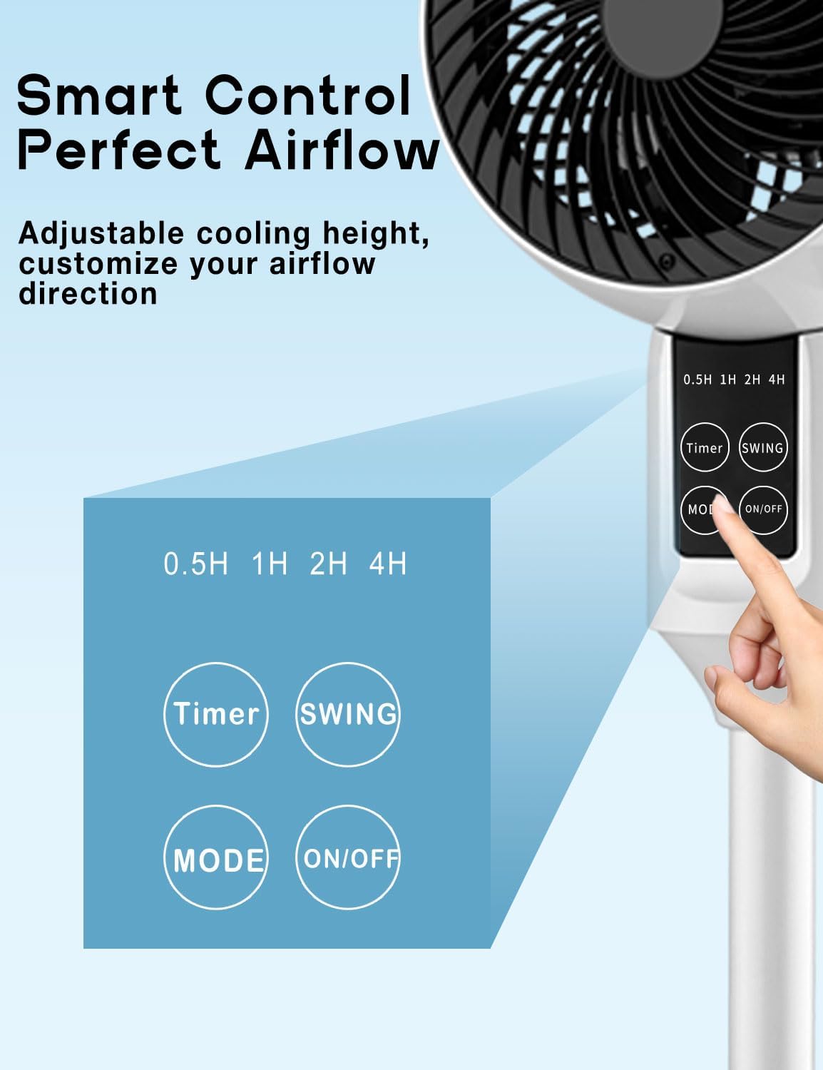 Staande Ventilator met 3D-Oscillatie, Stille Werking, Afstandsbediening en Hoogteverstelling 5