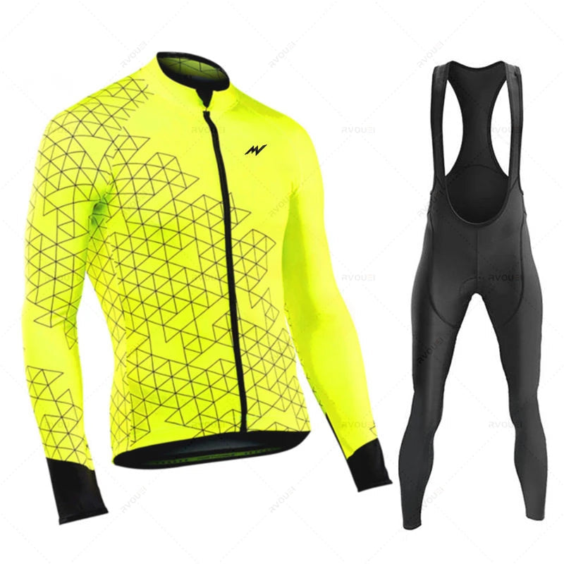Wielerset voor Heren – Fietsshirt met Lange Mouwen en Bibbroek, Ademend en Comfortabel 0