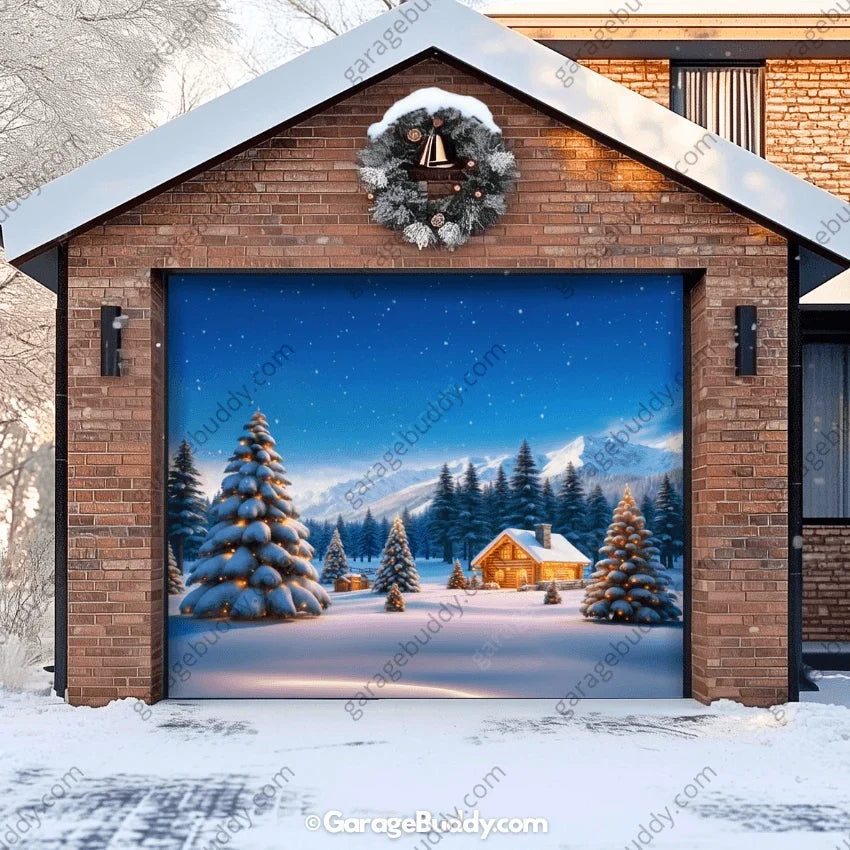 Winter Haven Christmas Garage Door Cover - Festive Holiday Design with Snowy Pines and Log Cabin 0