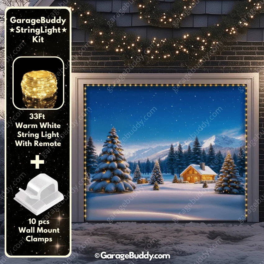 Winter Haven Christmas Garage Door Cover - Festive Holiday Design with Snowy Pines and Log Cabin 6