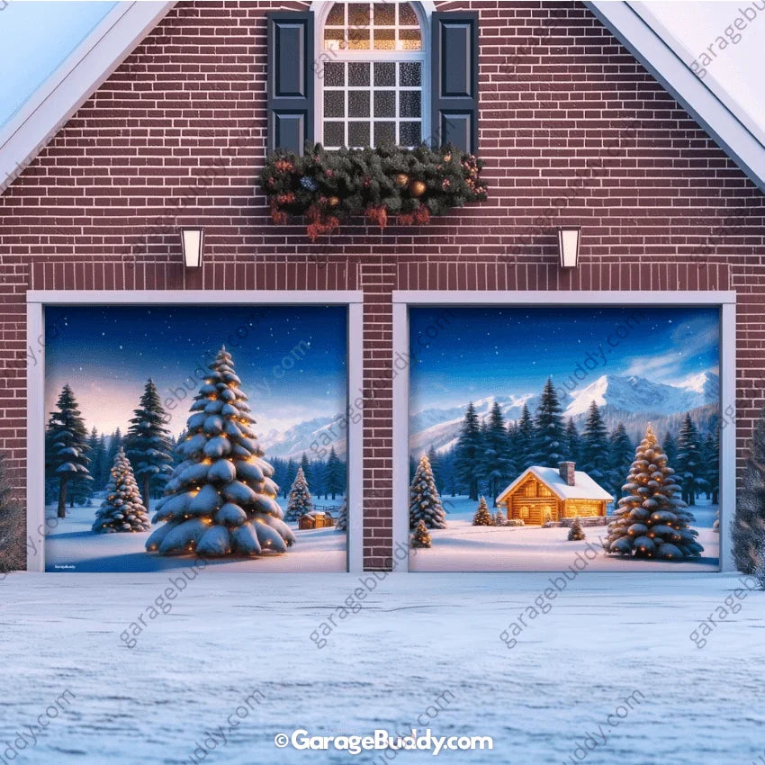 Winter Haven Christmas Garage Door Cover - Festive Holiday Design with Snowy Pines and Log Cabin 8
